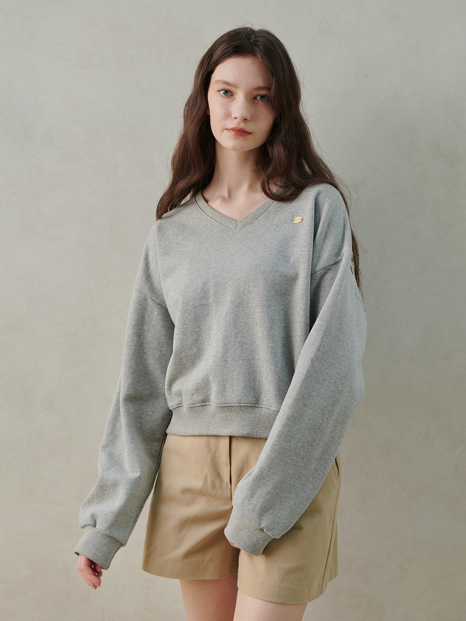 Grey Crop V-neck Sweatshirt
